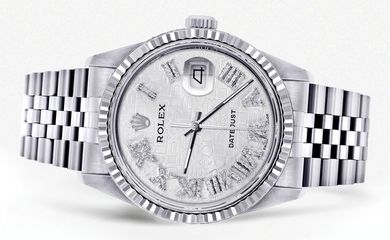 Womens Rolex Datejust Watch 16200  | 36Mm | White Textured Roman Numeral Dial | Fluted Bezel | Jubilee Band