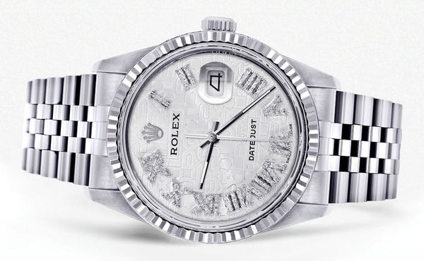 Mens Rolex Datejust Watch 16200 | Fluted Bezel | 36Mm | White Textured Roman Numeral Dial | Jubilee Band