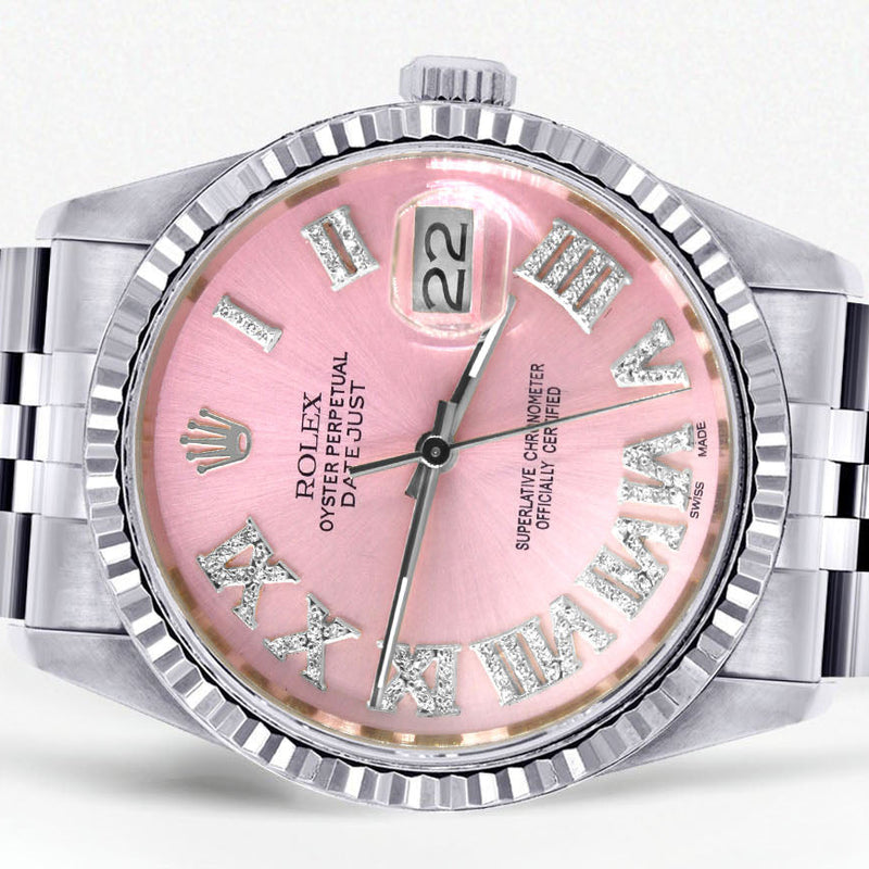 Womens Rolex Datejust Watch 16200  | 36Mm | Pink Roman Numeral Dial | Fluted Bezel | Jubilee Band