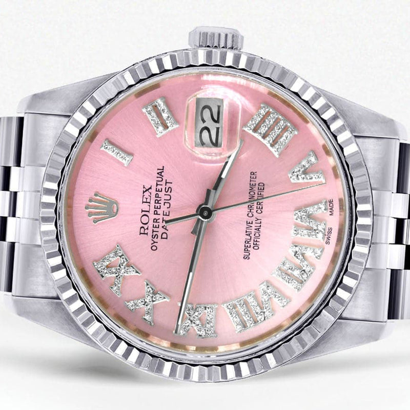 Mens Rolex Datejust Watch 16200 | 36Mm | Pink Roman Numeral Dial | Two Row 4.25 Carat Bezel | Jubilee Band
