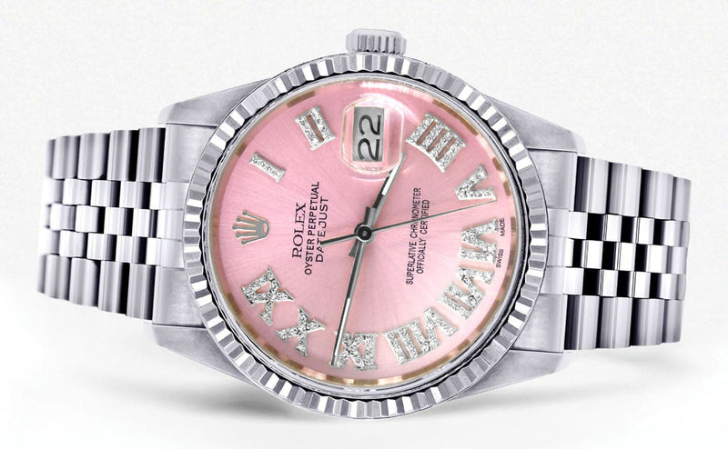Mens Rolex Datejust Watch 16200 | 36Mm | Pink Roman Numeral Dial | Two Row 4.25 Carat Bezel | Jubilee Band