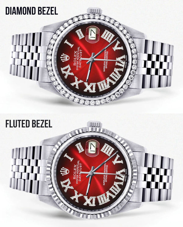 Diamond Mens Rolex Datejust Watch 16200 | 36Mm | Red Black Roman Numeral Dial | Jubilee Band