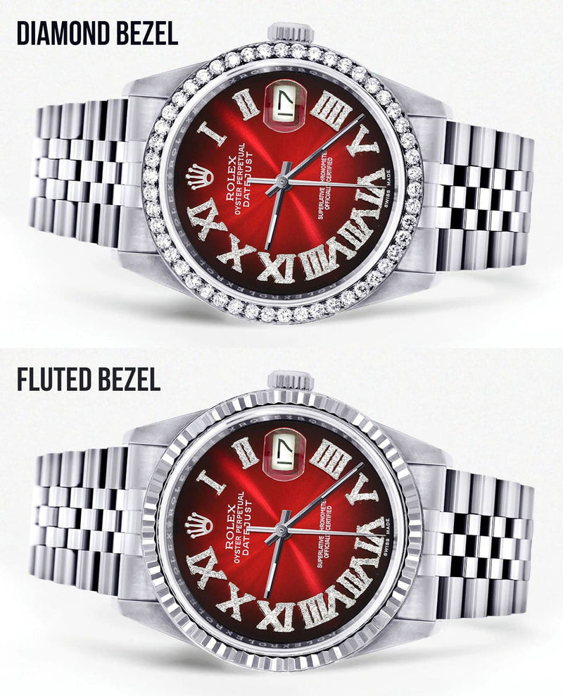 Diamond Mens Rolex Datejust Watch 16200 | 36Mm | Red Black Roman Numeral Dial | Jubilee Band