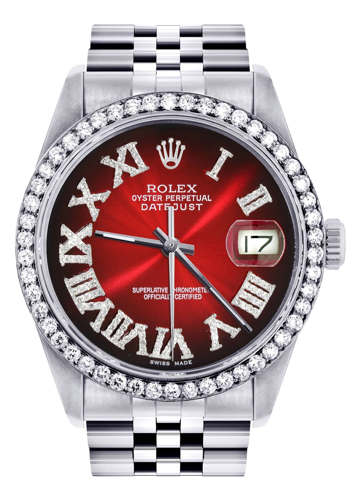 Diamond Mens Rolex Datejust Watch 16200 | 36Mm | Red Black Roman Numeral Dial | Jubilee Band