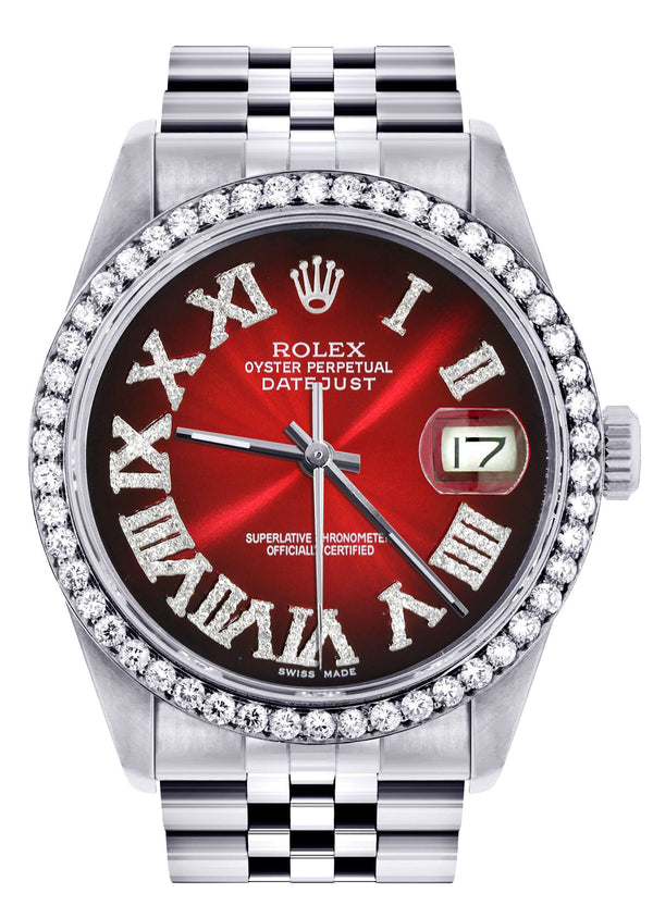 Diamond Mens Rolex Datejust Watch 16200 | 36Mm | Red Black Roman Numeral Dial | Jubilee Band