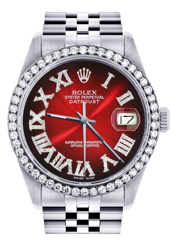 Diamond Mens Rolex Datejust Watch 16200 | 36Mm | Red Black Roman Numeral Dial | Jubilee Band