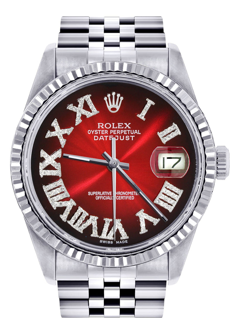 Mens Rolex Datejust Watch 16200 | Fluted Bezel | 36Mm | Red Black Roman Numeral Dial | Jubilee Band