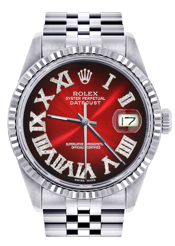 Mens Rolex Datejust Watch 16200 | Fluted Bezel | 36Mm | Red Black Roman Numeral Dial | Jubilee Band