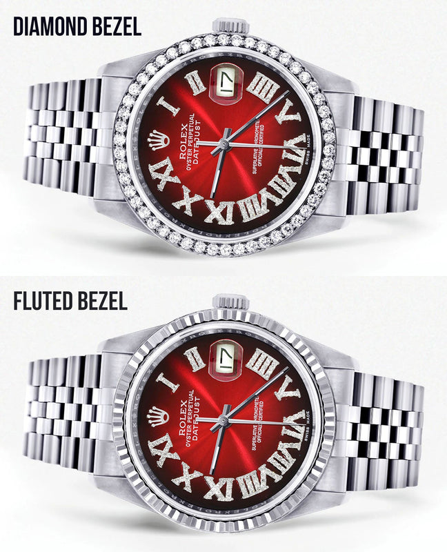 Womens Rolex Datejust Watch 16200 | 36Mm | Red Black Roman Numeral Dial | Jubilee Band