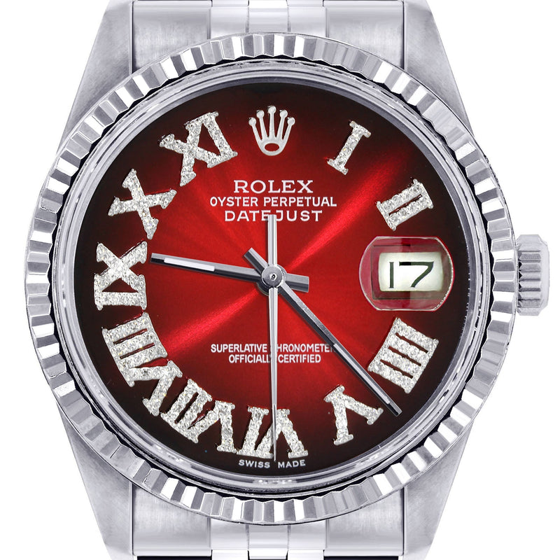 Womens Rolex Datejust Watch 16200  | 36Mm | Red Black Roman Numeral Dial | Fluted Bezel | Jubilee Band