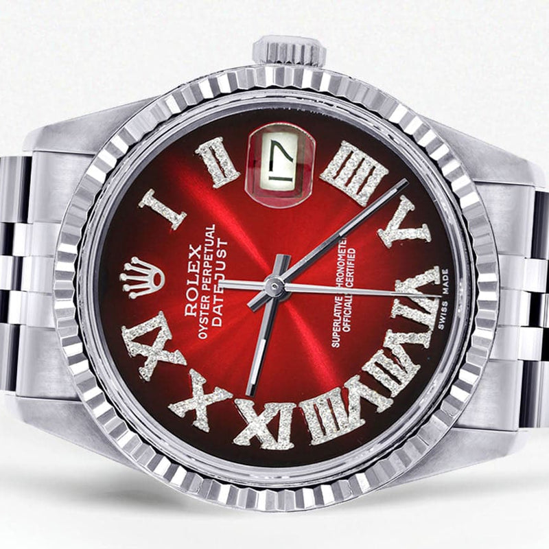 Mens Rolex Datejust Watch 16200 | Fluted Bezel | 36Mm | Red Black Roman Numeral Dial | Jubilee Band