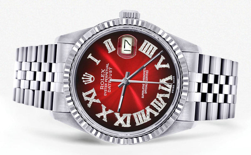 Mens Rolex Datejust Watch 16200 | Fluted Bezel | 36Mm | Red Black Roman Numeral Dial | Jubilee Band