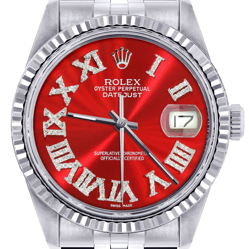 Womens Rolex Datejust Watch 16200  | 36Mm | Red Roman Numeral Dial | Fluted Bezel | Jubilee Band