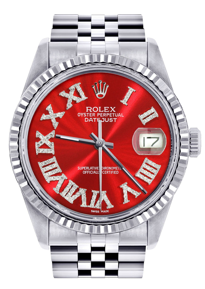 Mens Rolex Datejust Watch 16200 | Fluted Bezel | 36Mm | Red Roman Numeral Dial | Jubilee Band