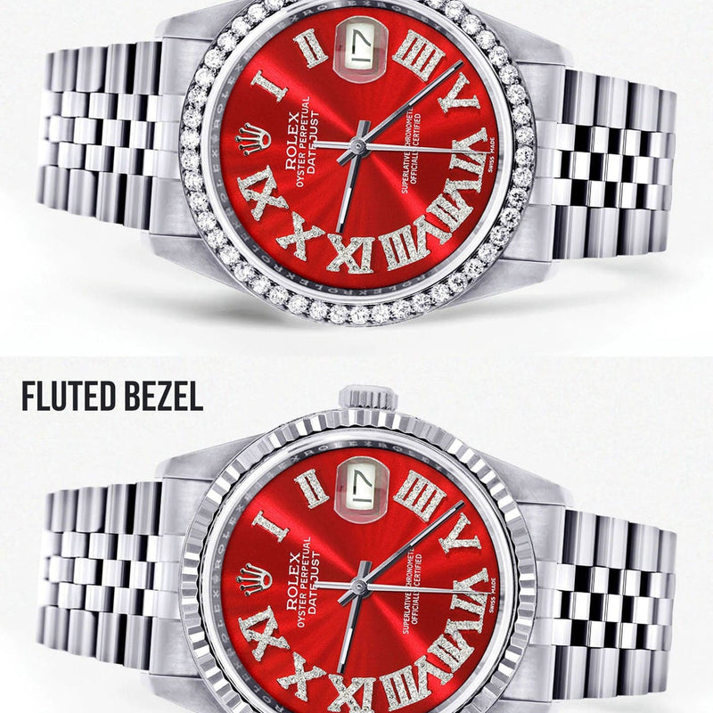 Diamond Mens  Rolex Datejust Watch 16200 | 36Mm | Red Roman Numeral Dial | Jubilee Band