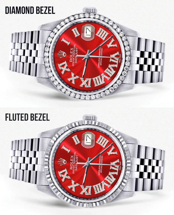 Diamond Mens  Rolex Datejust Watch 16200 | 36Mm | Red Roman Numeral Dial | Jubilee Band