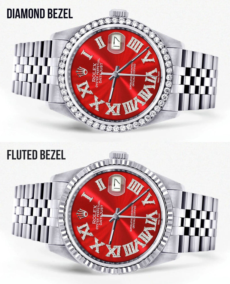 Diamond Mens  Rolex Datejust Watch 16200 | 36Mm | Red Roman Numeral Dial | Jubilee Band