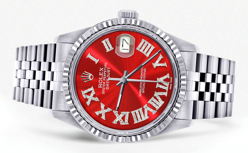 Womens Rolex Datejust Watch 16200  | 36Mm | Red Roman Numeral Dial | Fluted Bezel | Jubilee Band