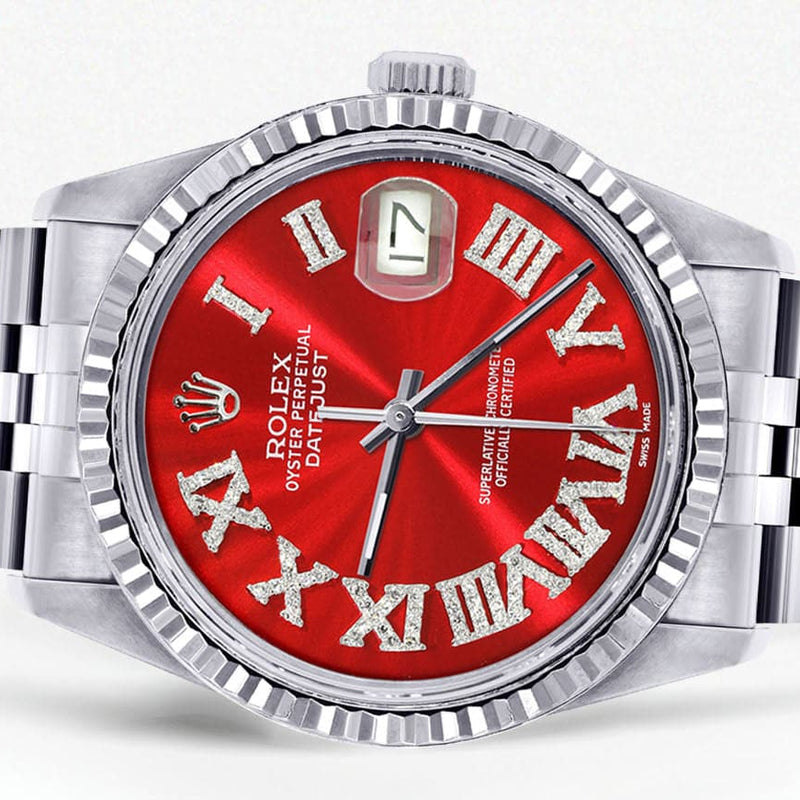 Mens Rolex Datejust Watch 16200 | Fluted Bezel | 36Mm | Red Roman Numeral Dial | Jubilee Band