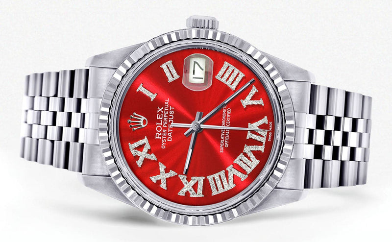 Mens Rolex Datejust Watch 16200 | Fluted Bezel | 36Mm | Red Roman Numeral Dial | Jubilee Band