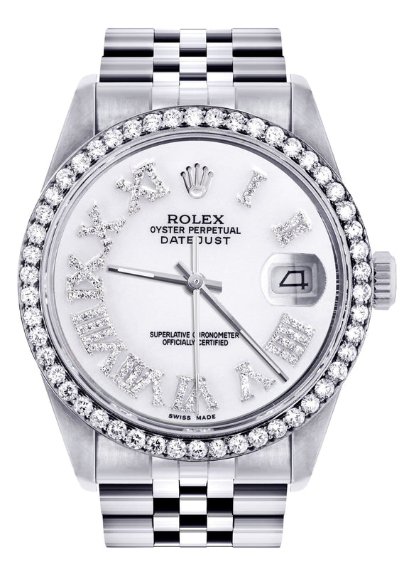 Diamond Mens Rolex Datejust Watch 16200 | 36Mm | White Roman Numeral Dial | Jubilee Band