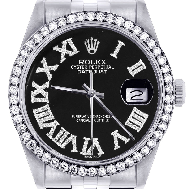 Diamond Mens Rolex Datejust Watch 16200 | 36Mm | Black Roman Numeral Dial | Jubilee Band