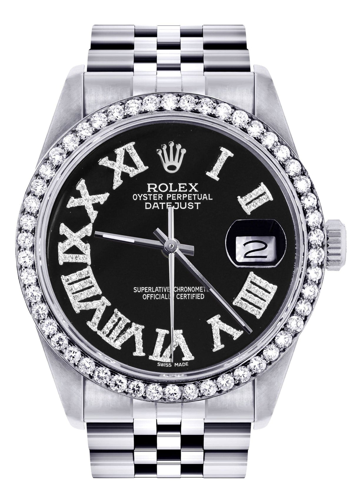 Diamond Mens Rolex Datejust Watch 16200 | 36Mm | Black Roman Numeral Dial | Jubilee Band