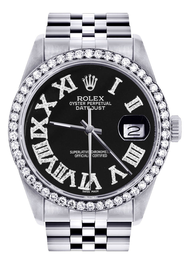 Diamond Mens Rolex Datejust Watch 16200 | 36Mm | Black Roman Numeral Dial | Jubilee Band