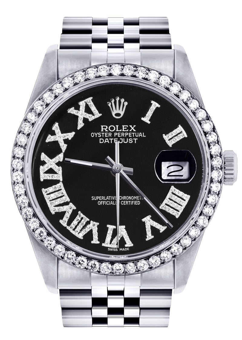 Diamond Mens Rolex Datejust Watch 16200 | 36Mm | Black Roman Numeral Dial | Jubilee Band