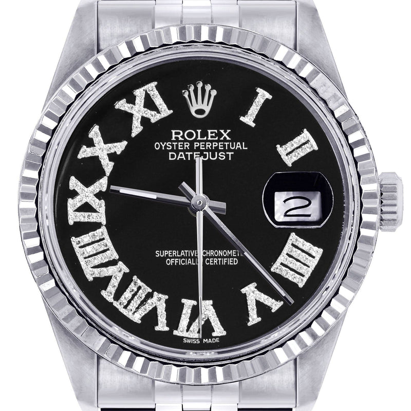 Mens Rolex Datejust Watch 16200 | Fluted Bezel | 36Mm | Black Roman Numeral Dial | Jubilee Band