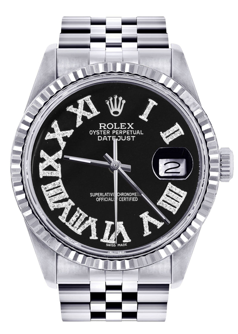 Mens Rolex Datejust Watch 16200 | Fluted Bezel | 36Mm | Black Roman Numeral Dial | Jubilee Band