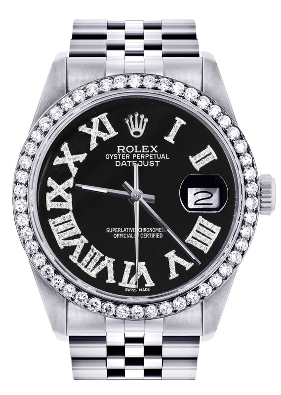 Diamond Mens Rolex Datejust Watch 16200 | 36Mm | Black Roman Numeral Dial | Jubilee Band
