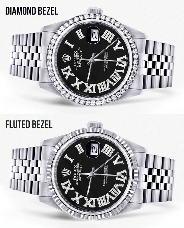 Diamond Mens Rolex Datejust Watch 16200 | 36Mm | Black Roman Numeral Dial | Jubilee Band