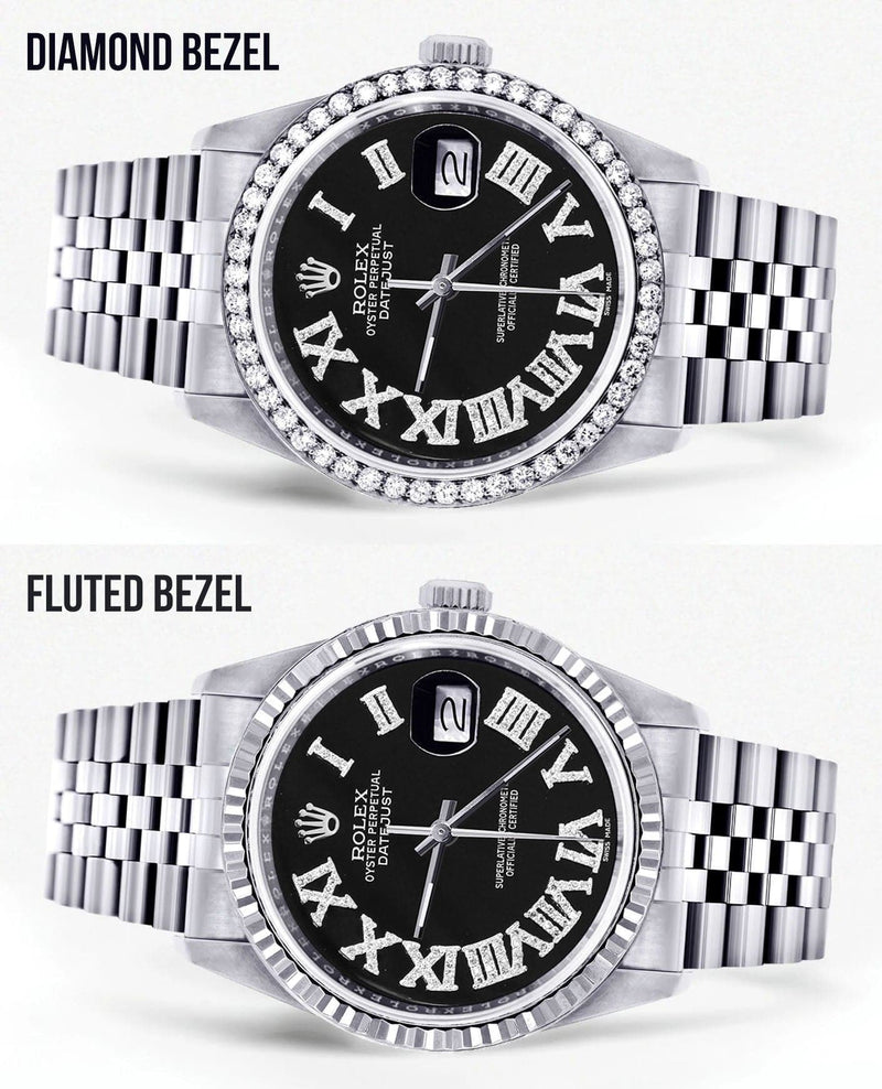 Diamond Mens Rolex Datejust Watch 16200 | 36Mm | Black Roman Numeral Dial | Jubilee Band