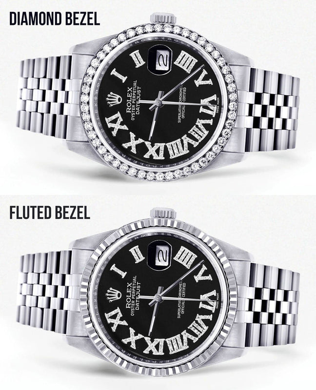 Diamond Mens Rolex Datejust Watch 16200 | 36Mm | Black Roman Numeral Dial | Jubilee Band