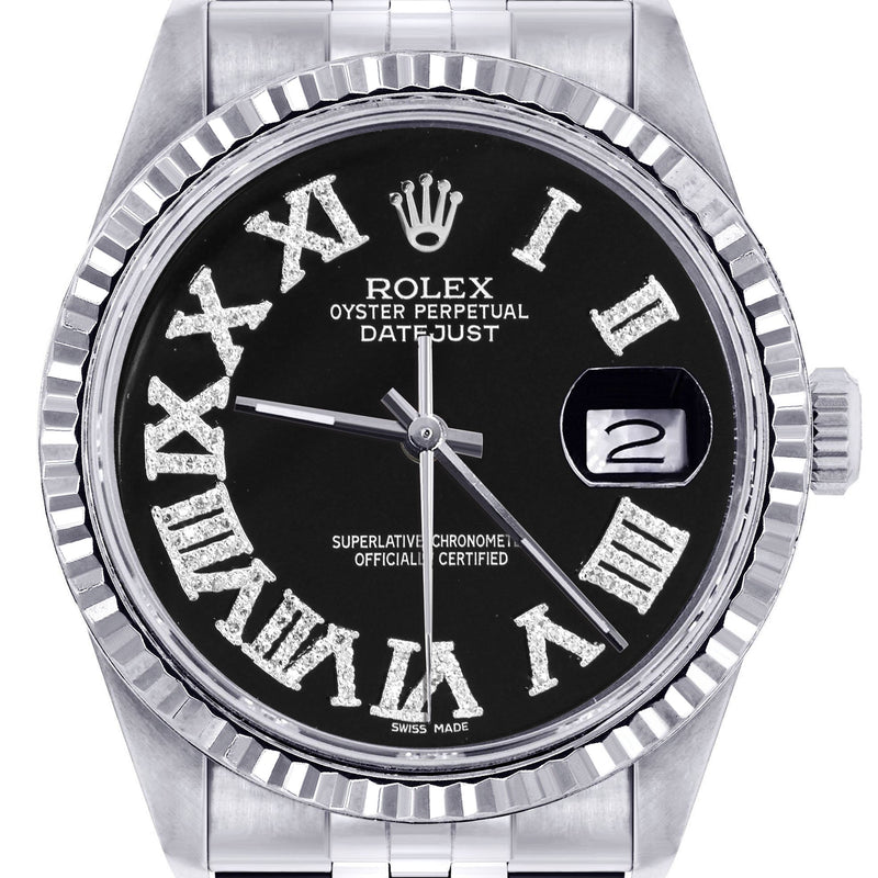 Womens Rolex Datejust Watch 16200 | Fluted Bezel | 36Mm | Black Roman Numeral Dial | Fluted Bezel | Jubilee Band