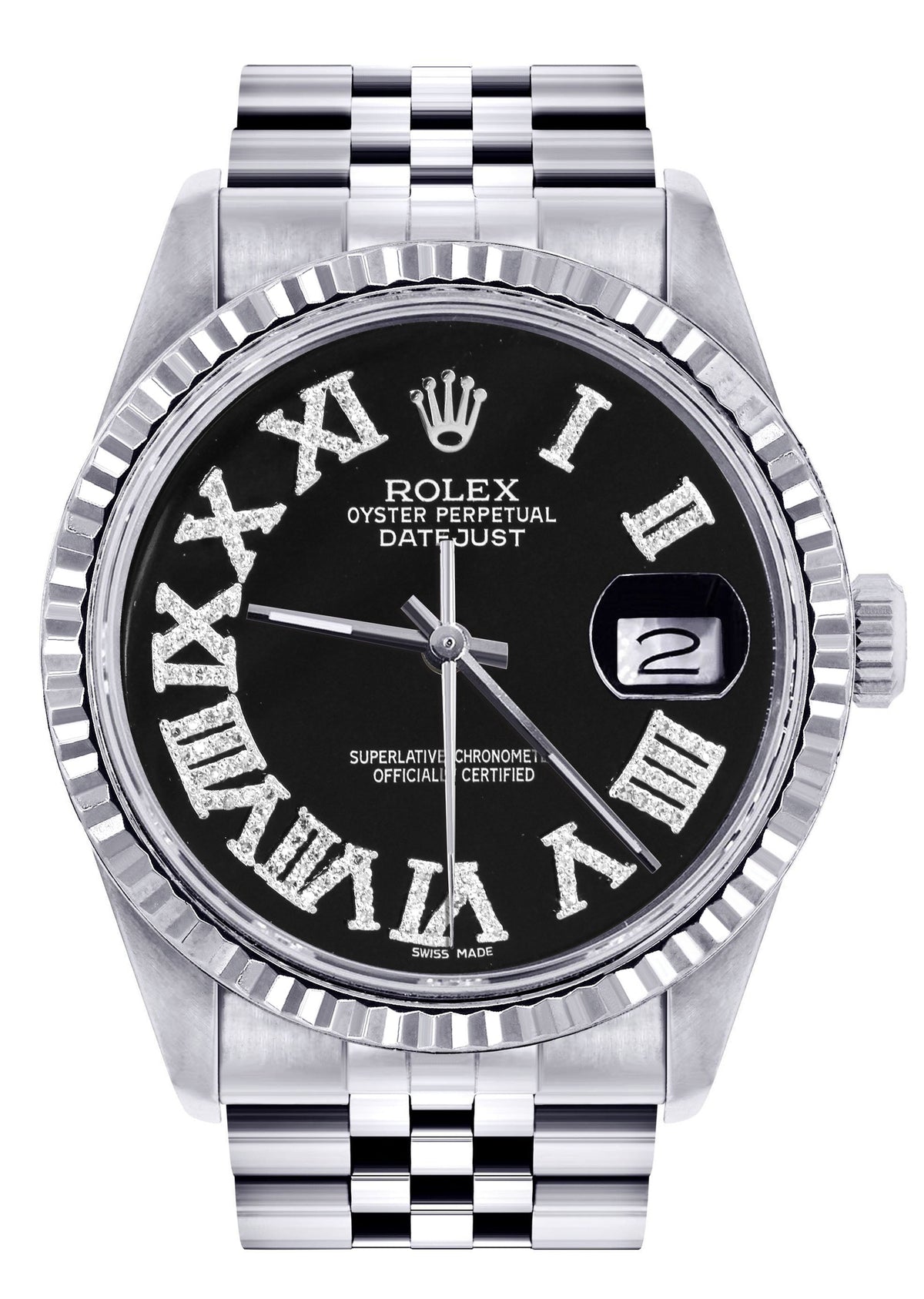 Womens Rolex Datejust Watch 16200 | Fluted Bezel | 36Mm | Black Roman Numeral Dial | Fluted Bezel | Jubilee Band