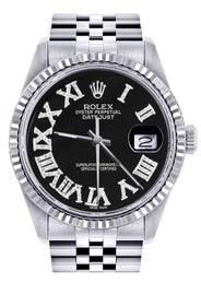 Womens Rolex Datejust Watch 16200 | Fluted Bezel | 36Mm | Black Roman Numeral Dial | Fluted Bezel | Jubilee Band