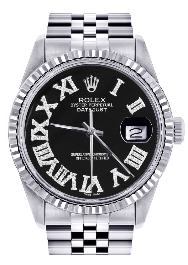 Womens Rolex Datejust Watch 16200 | Fluted Bezel | 36Mm | Black Roman Numeral Dial | Fluted Bezel | Jubilee Band