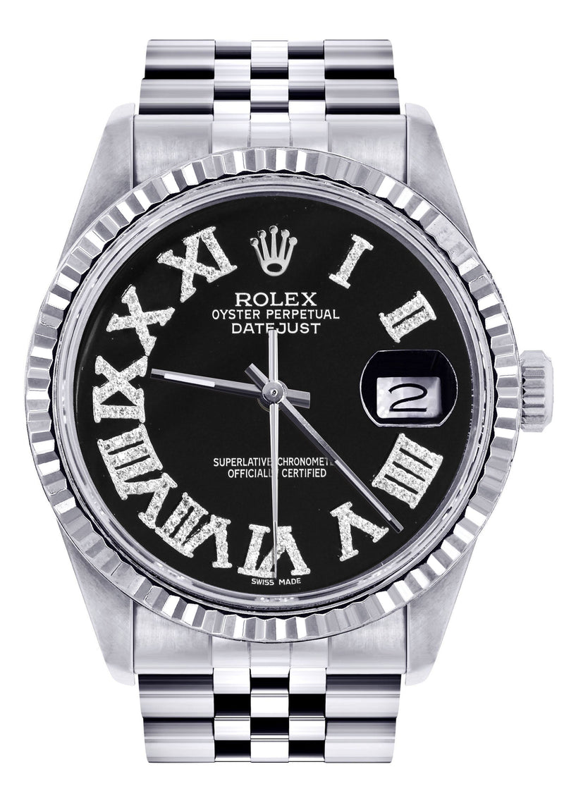 Womens Rolex Datejust Watch 16200 | Fluted Bezel | 36Mm | Black Roman Numeral Dial | Fluted Bezel | Jubilee Band