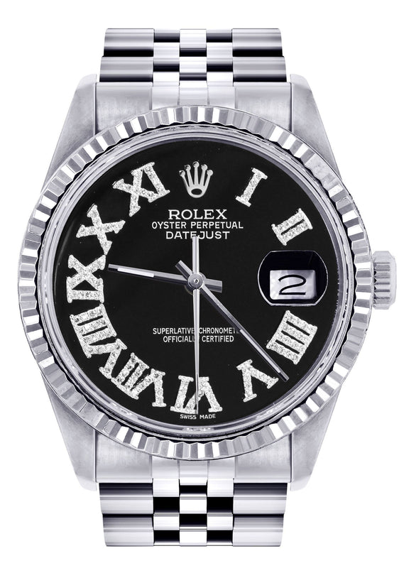 Womens Rolex Datejust Watch 16200 | Fluted Bezel | 36Mm | Black Roman Numeral Dial | Fluted Bezel | Jubilee Band