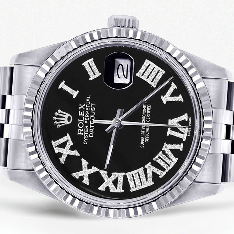Womens Rolex Datejust Watch 16200 | Fluted Bezel | 36Mm | Black Roman Numeral Dial | Fluted Bezel | Jubilee Band