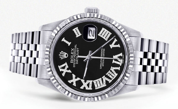 Womens Rolex Datejust Watch 16200 | Fluted Bezel | 36Mm | Black Roman Numeral Dial | Fluted Bezel | Jubilee Band