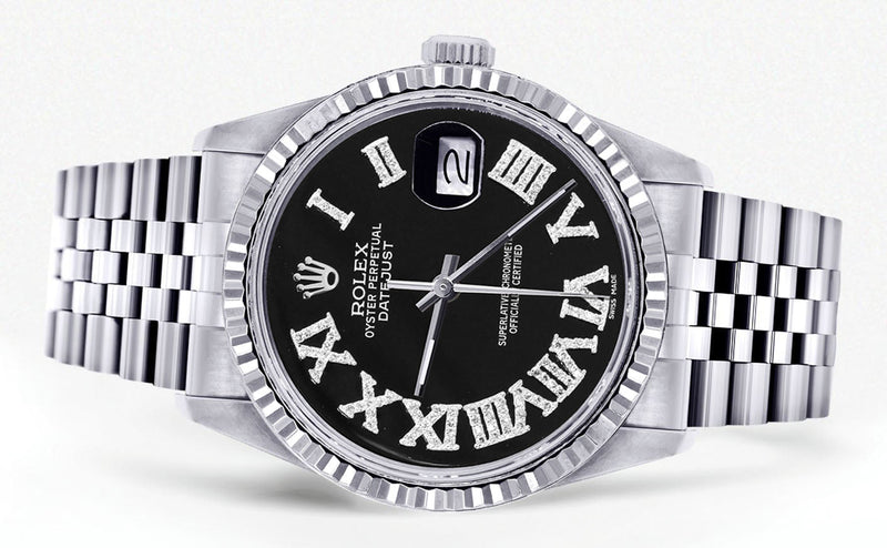 Womens Rolex Datejust Watch 16200 | Fluted Bezel | 36Mm | Black Roman Numeral Dial | Fluted Bezel | Jubilee Band