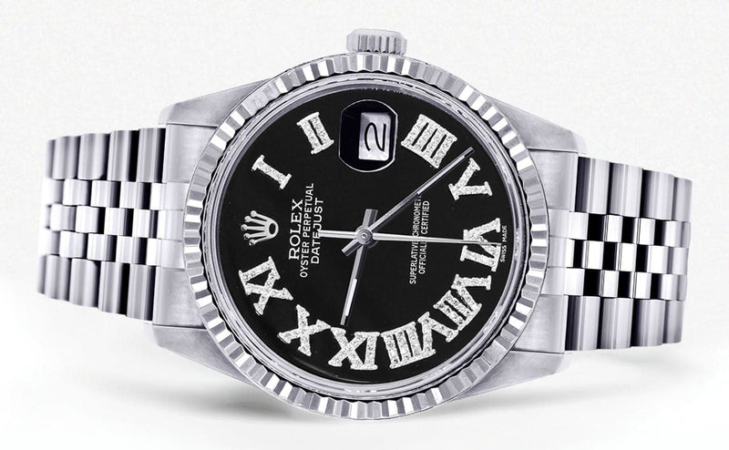 Mens Rolex Datejust Watch 16200 | Fluted Bezel | 36Mm | Black Roman Numeral Dial | Jubilee Band