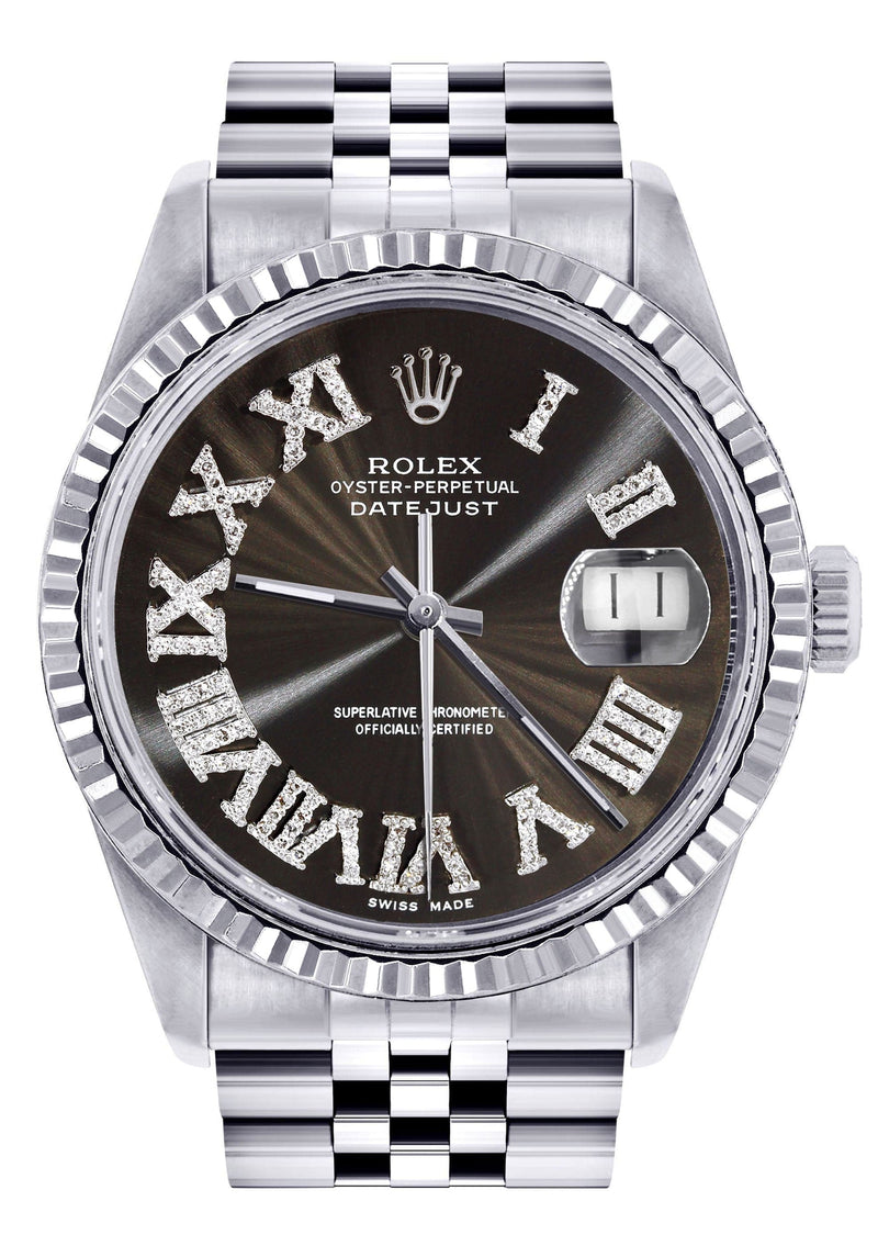 Mens Rolex Datejust Watch 16200 | Fluted Bezel | 36Mm | Dark Brown Roman Numeral Dial | Jubilee Band