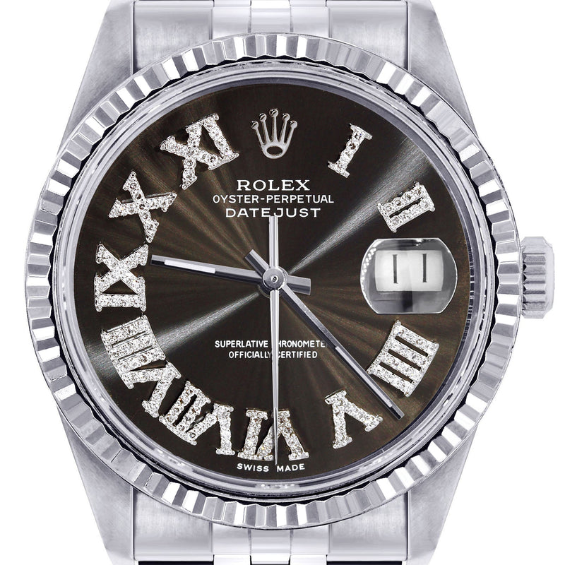 Womens Rolex Datejust Watch 16200 | Fluted Bezel | 36Mm | Dark Brown Roman Numeral Dial | Fluted Bezel | Jubilee Band