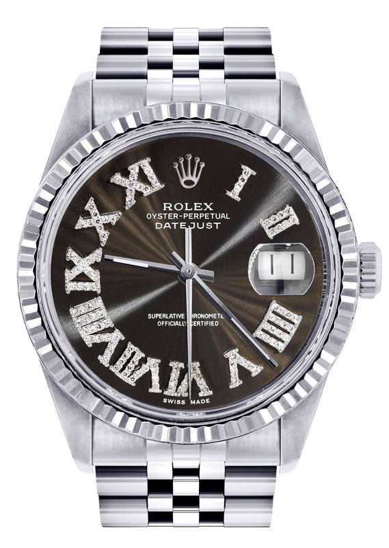 Womens Rolex Datejust Watch 16200 | Fluted Bezel | 36Mm | Dark Brown Roman Numeral Dial | Fluted Bezel | Jubilee Band