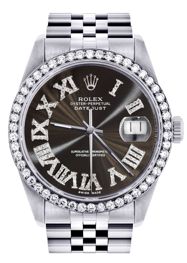 Diamond Mens Rolex Datejust Watch 16200 | 36Mm | Custom Dark Brown Roman Numeral Dial | Jubilee Band