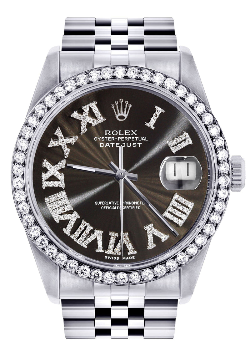 Diamond Mens Rolex Datejust Watch 16200 | 36Mm | Custom Dark Brown Roman Numeral Dial | Jubilee Band